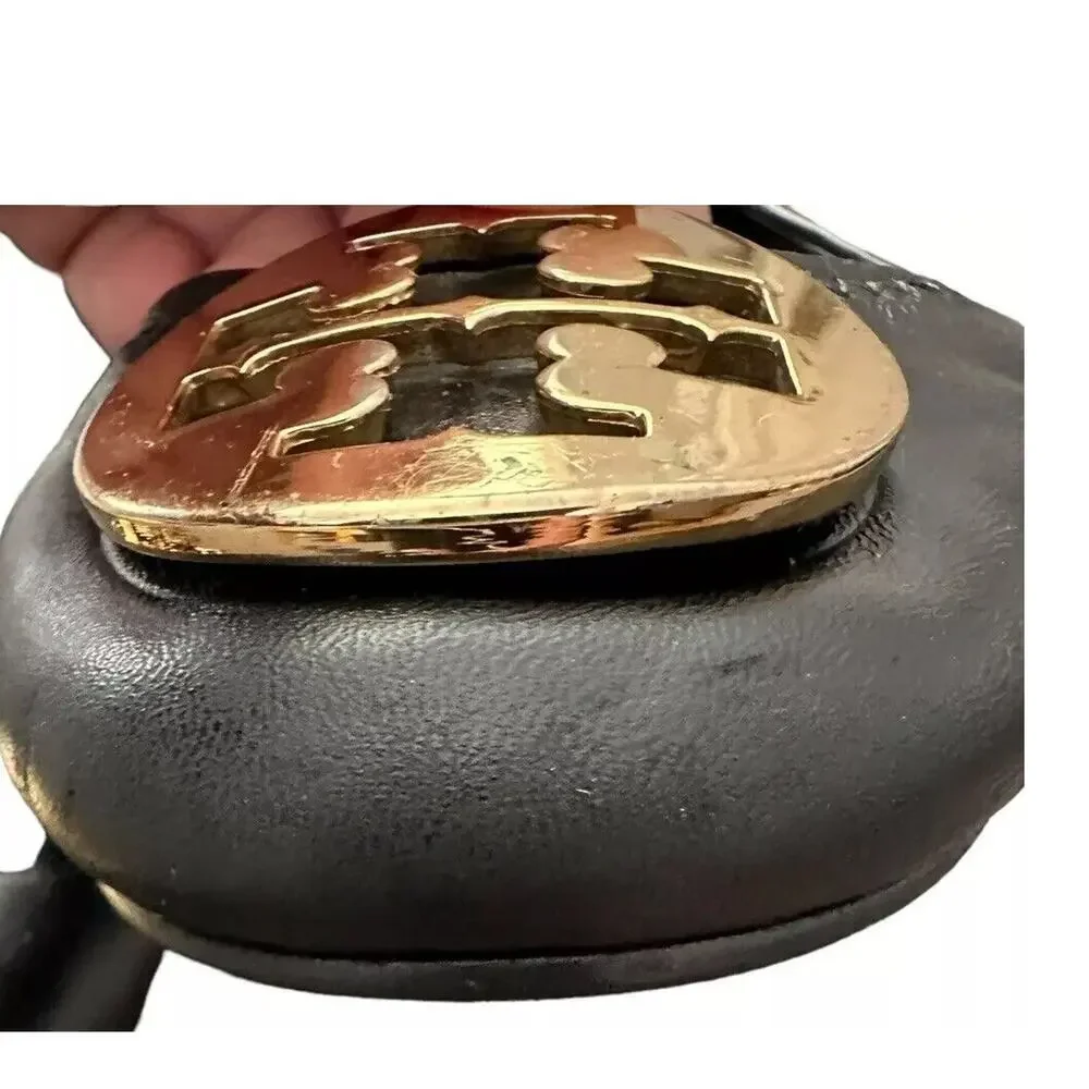 Tory Burch Reva Black Leather Gold Logo Medallion Ballet Flats Size 7 - Picture 11 of 12